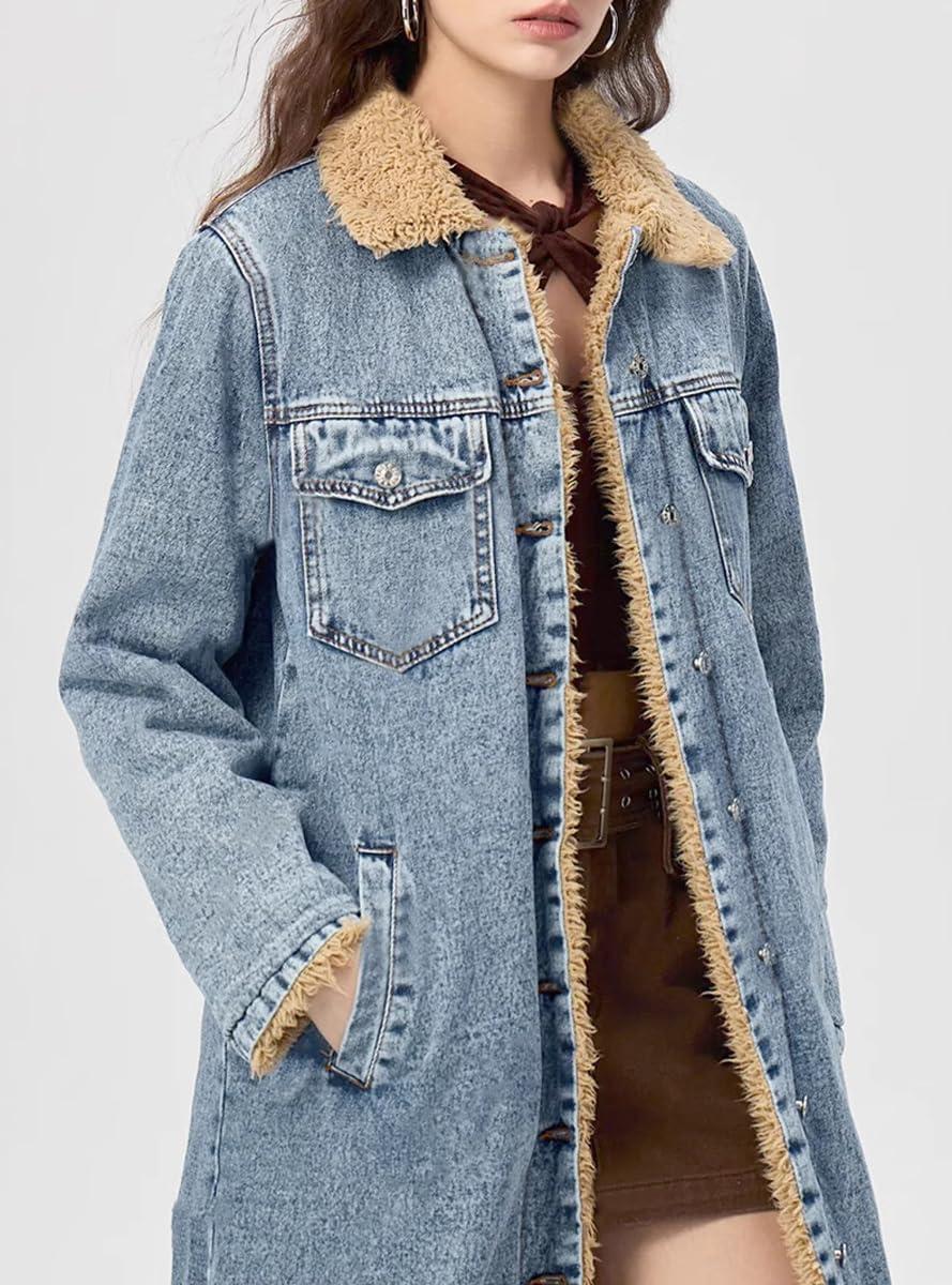 imagechouyatou Womens Winter Sherpa Lined Midi Long Denim Jacket Casual Distressed Button Down Jean Trench CoatBlue
