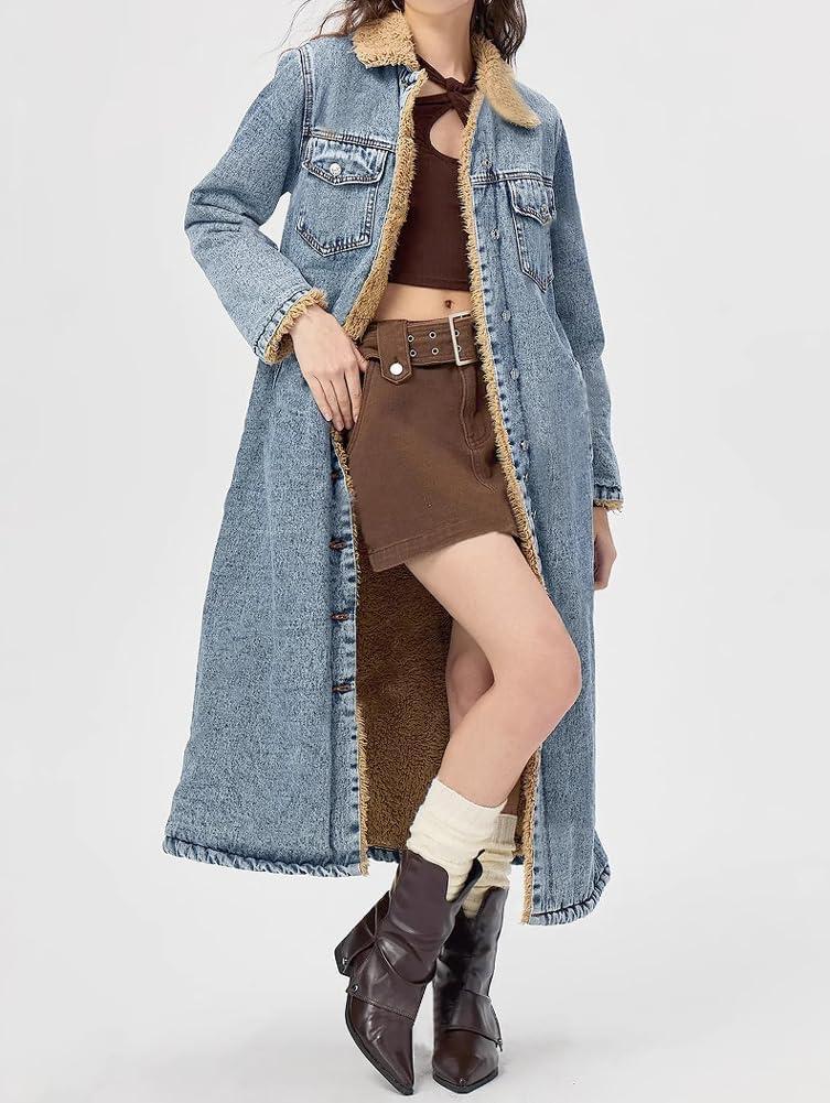 imagechouyatou Womens Winter Sherpa Lined Midi Long Denim Jacket Casual Distressed Button Down Jean Trench CoatBlue