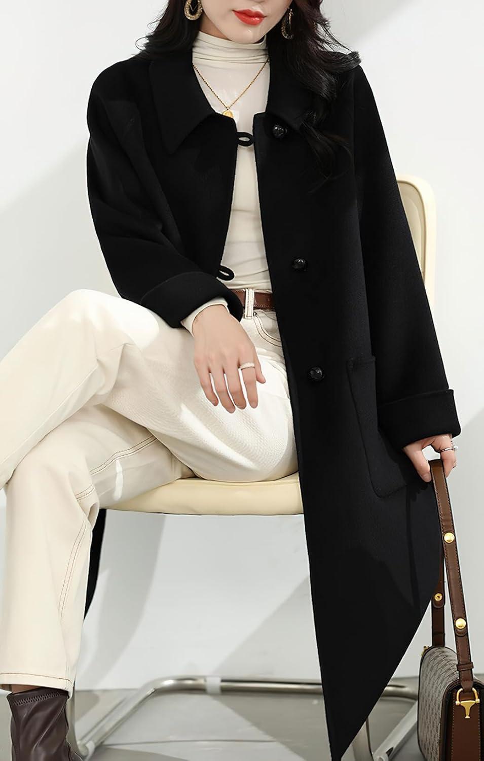 imagechouyatou Womens Winter Single Breasted Wool Trench Coat Business Casual Lapel Collar Midi Long OvercoatBlack