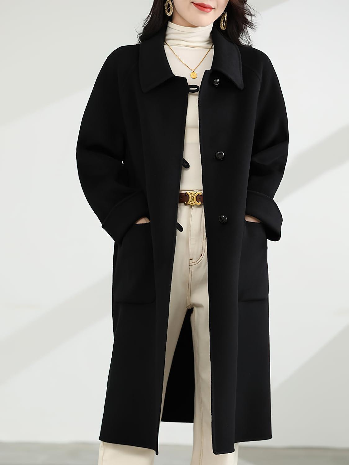 imagechouyatou Womens Winter Single Breasted Wool Trench Coat Business Casual Lapel Collar Midi Long OvercoatBlack