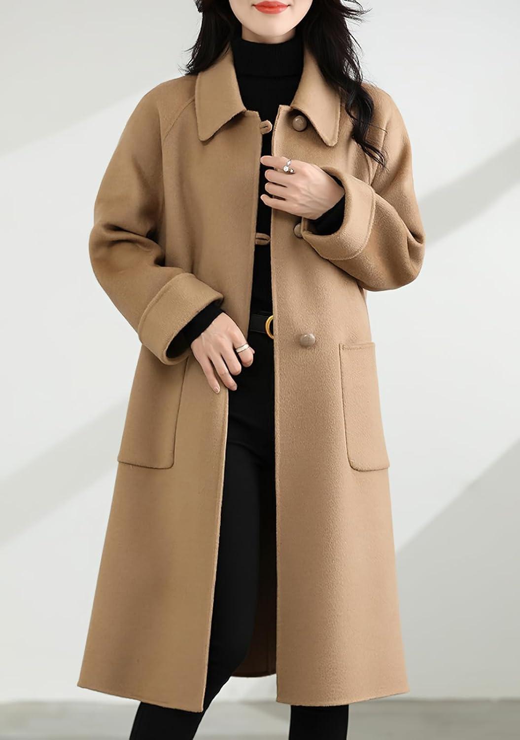 imagechouyatou Womens Winter Single Breasted Wool Trench Coat Business Casual Lapel Collar Midi Long OvercoatCamel
