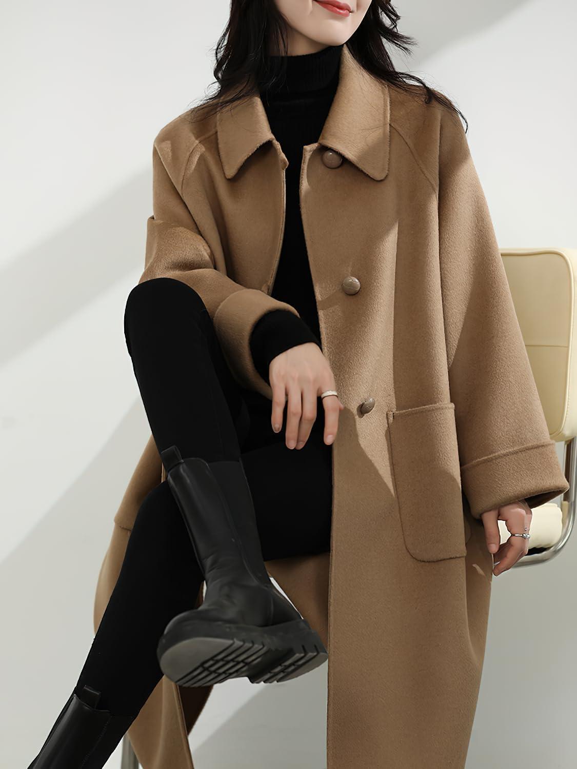 imagechouyatou Womens Winter Single Breasted Wool Trench Coat Business Casual Lapel Collar Midi Long OvercoatCamel