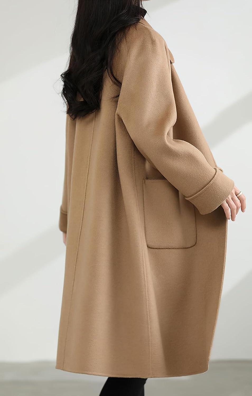 imagechouyatou Womens Winter Single Breasted Wool Trench Coat Business Casual Lapel Collar Midi Long OvercoatCamel