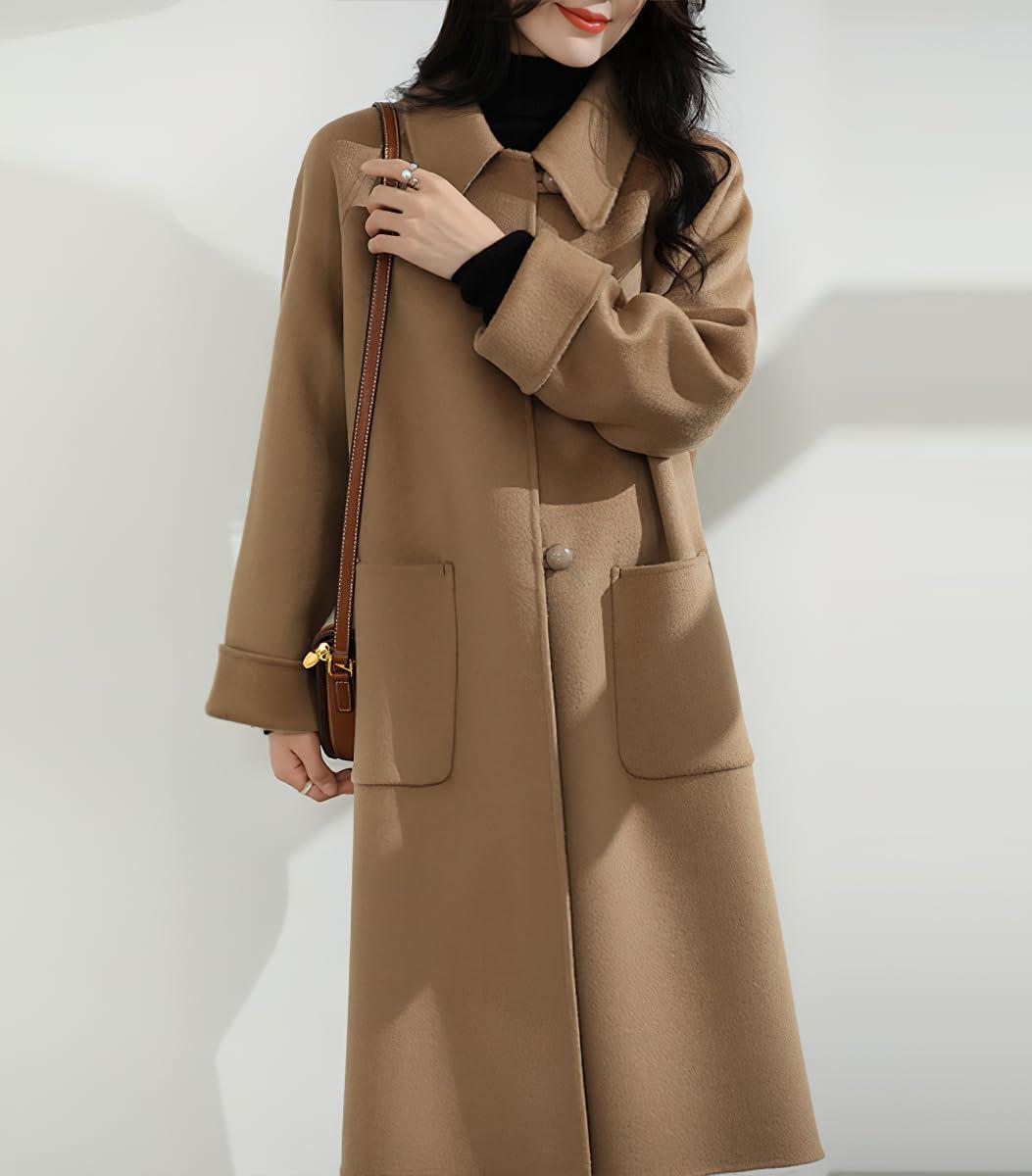 imagechouyatou Womens Winter Single Breasted Wool Trench Coat Business Casual Lapel Collar Midi Long OvercoatCamel