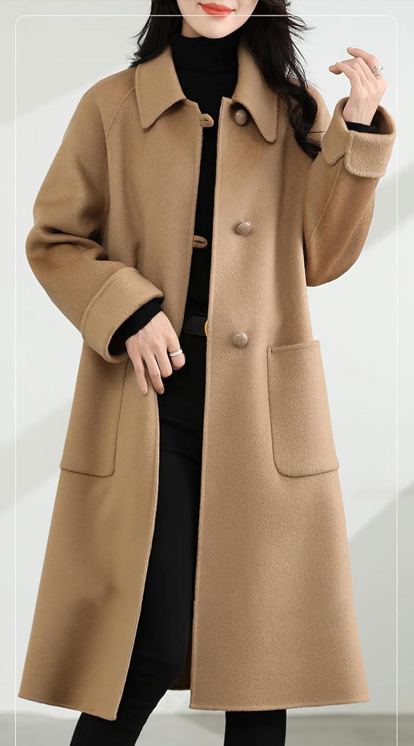 imagechouyatou Womens Winter Single Breasted Wool Trench Coat Business Casual Lapel Collar Midi Long OvercoatCamel