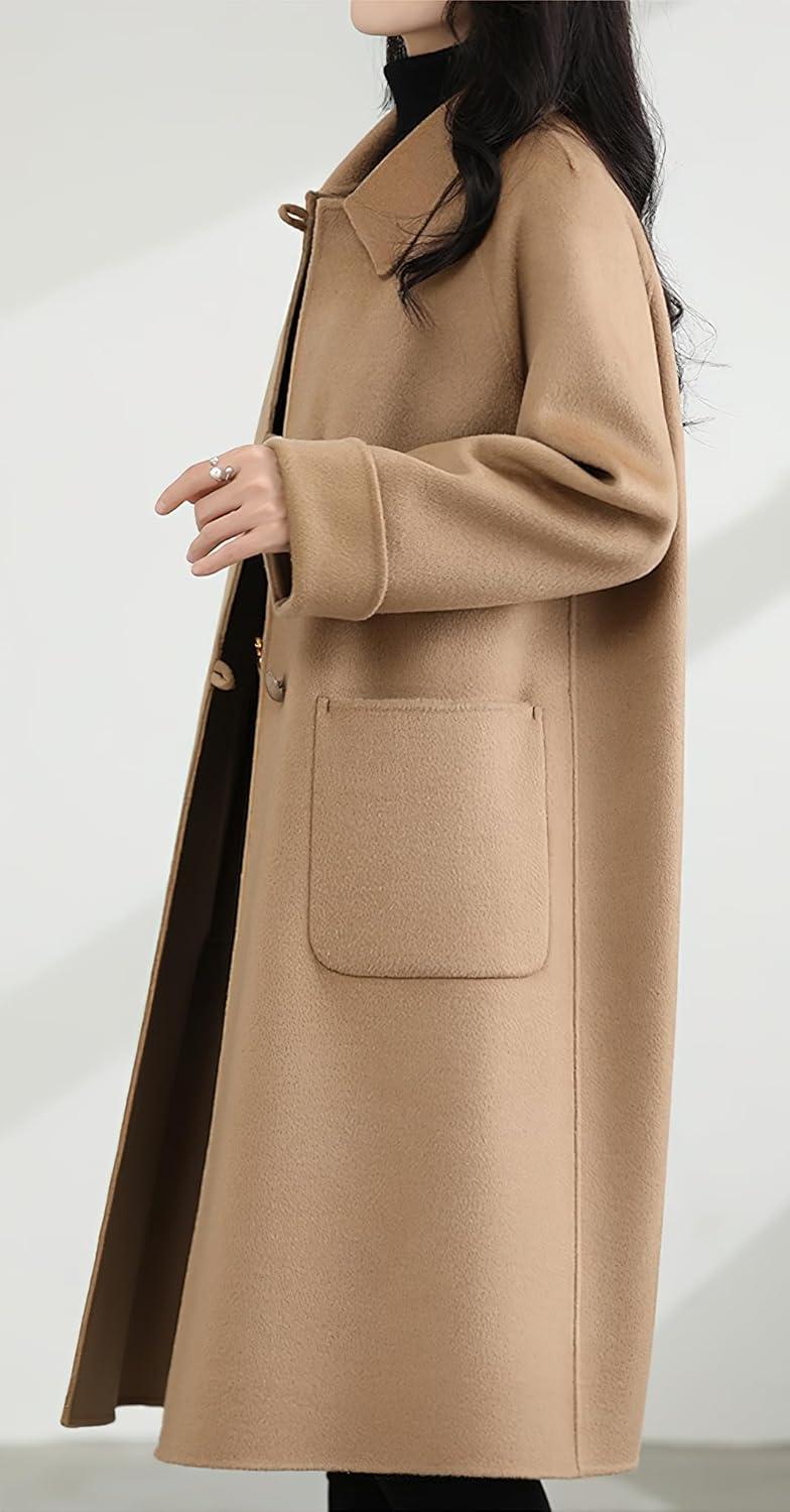 imagechouyatou Womens Winter Single Breasted Wool Trench Coat Business Casual Lapel Collar Midi Long OvercoatCamel