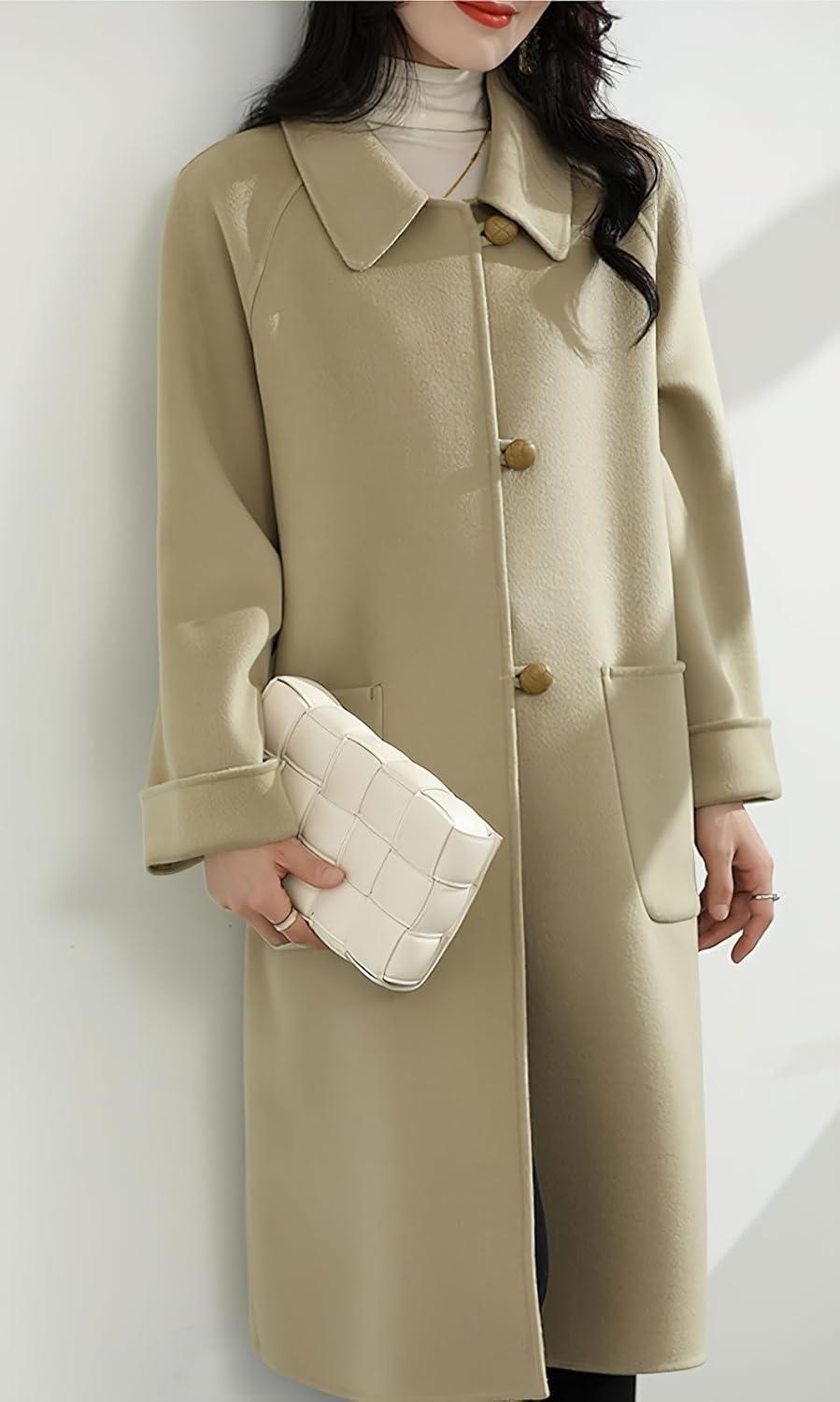 imagechouyatou Womens Winter Single Breasted Wool Trench Coat Business Casual Lapel Collar Midi Long OvercoatLight Green