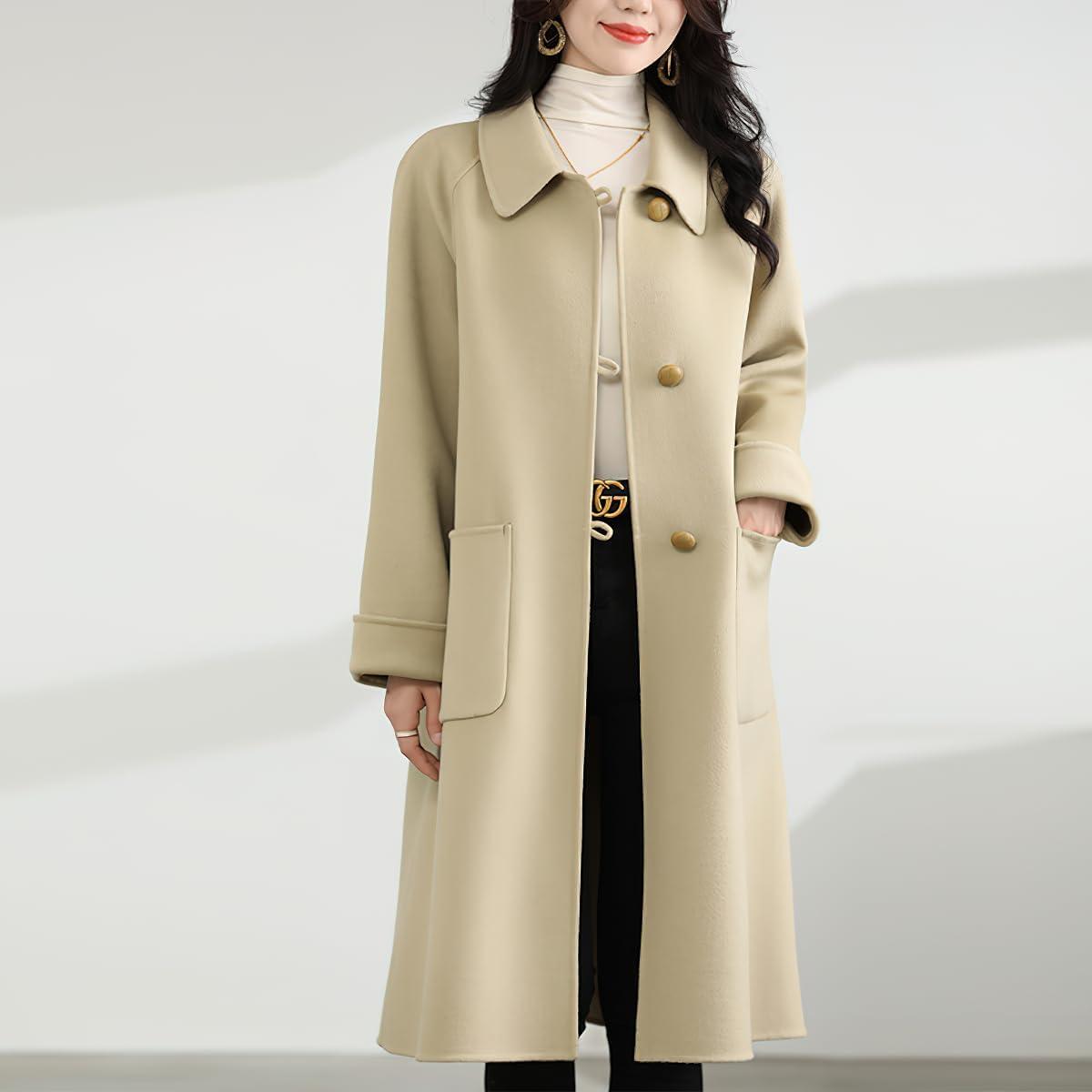 imagechouyatou Womens Winter Single Breasted Wool Trench Coat Business Casual Lapel Collar Midi Long OvercoatLight Green