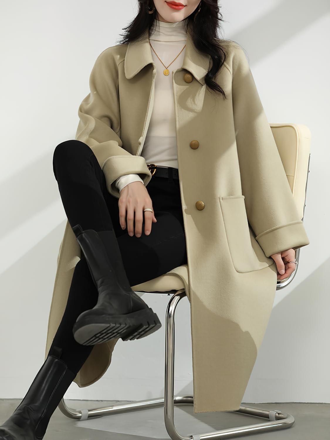 imagechouyatou Womens Winter Single Breasted Wool Trench Coat Business Casual Lapel Collar Midi Long OvercoatLight Green