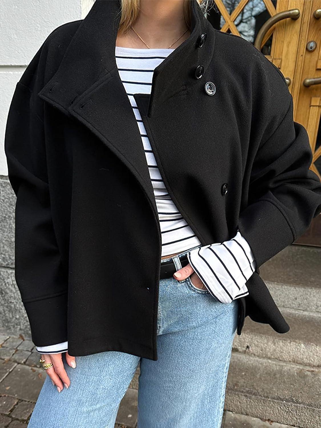 imagechouyatou Womens Winter Stand Collar Crop Wool Coat Single Breasted Short Blazer Jacket Coat OuterwearBlack