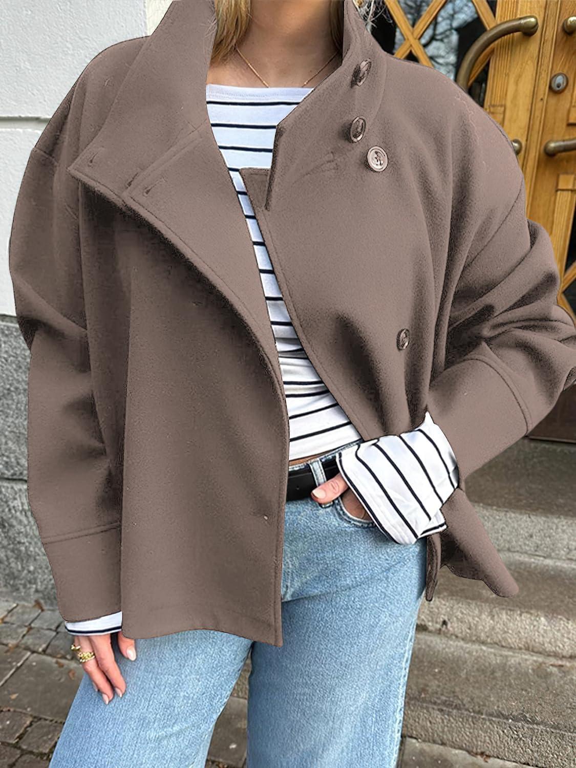 imagechouyatou Womens Winter Stand Collar Crop Wool Coat Single Breasted Short Blazer Jacket Coat OuterwearCoffee