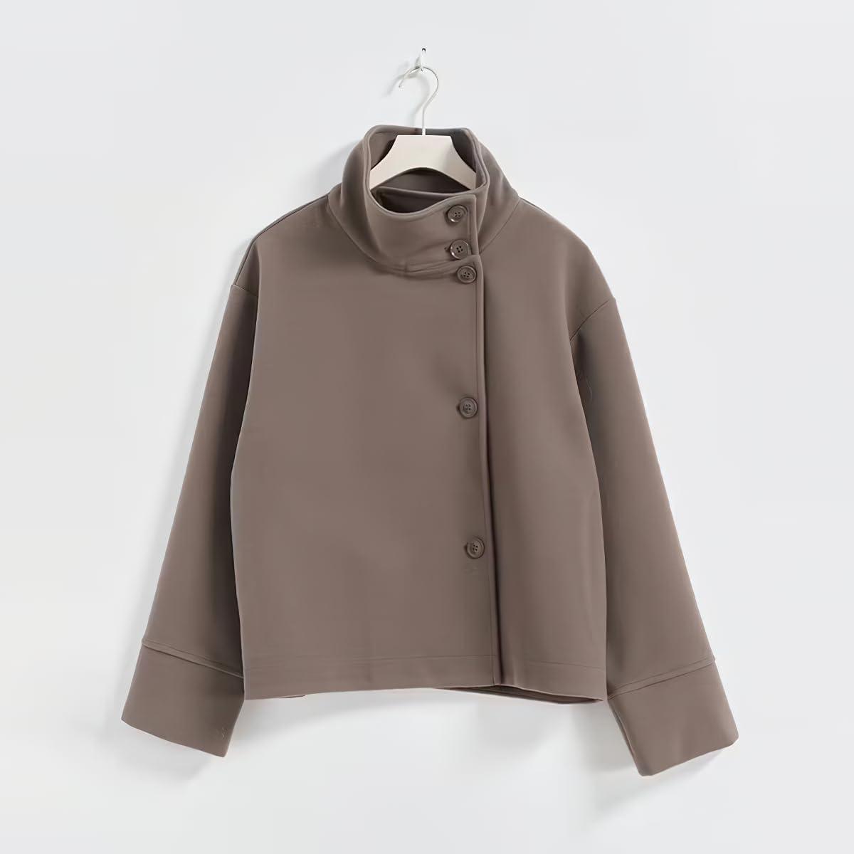 imagechouyatou Womens Winter Stand Collar Crop Wool Coat Single Breasted Short Blazer Jacket Coat OuterwearCoffee
