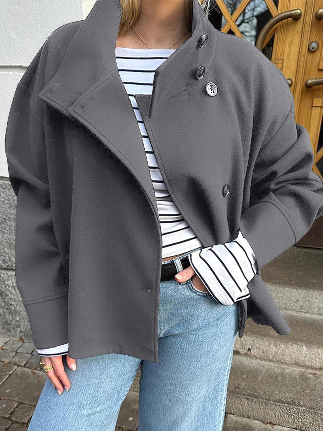imagechouyatou Womens Winter Stand Collar Crop Wool Coat Single Breasted Short Blazer Jacket Coat OuterwearGrey
