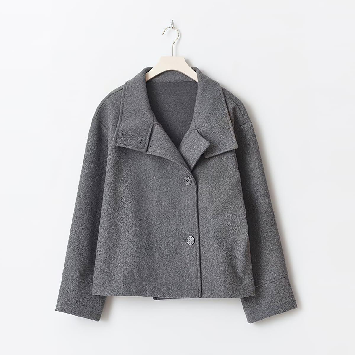 imagechouyatou Womens Winter Stand Collar Crop Wool Coat Single Breasted Short Blazer Jacket Coat OuterwearGrey