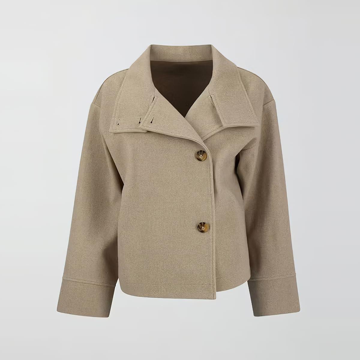 imagechouyatou Womens Winter Stand Collar Crop Wool Coat Single Breasted Short Blazer Jacket Coat OuterwearKhaki