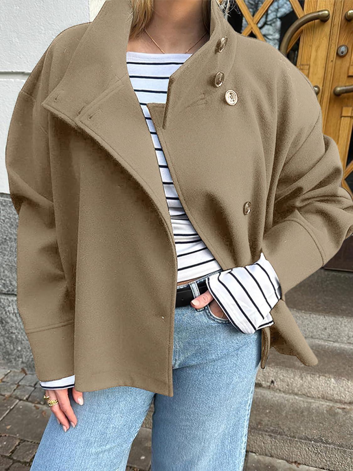 imagechouyatou Womens Winter Stand Collar Crop Wool Coat Single Breasted Short Blazer Jacket Coat OuterwearKhaki