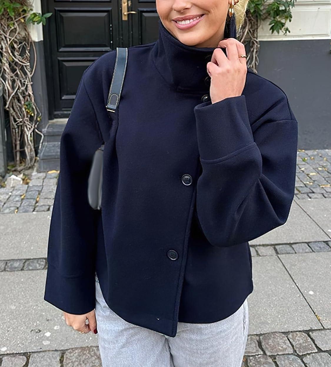 imagechouyatou Womens Winter Stand Collar Crop Wool Coat Single Breasted Short Blazer Jacket Coat OuterwearNavy Blue