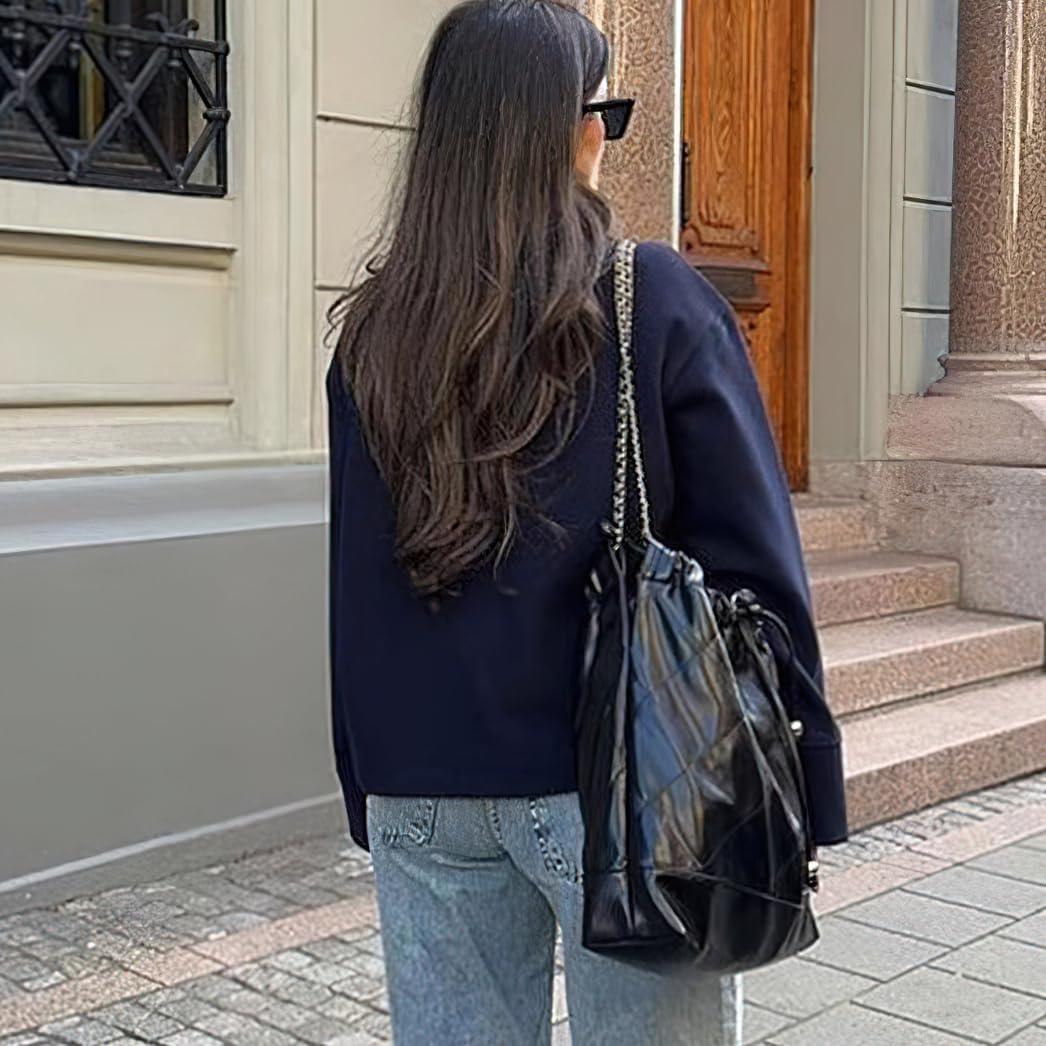 imagechouyatou Womens Winter Stand Collar Crop Wool Coat Single Breasted Short Blazer Jacket Coat OuterwearNavy Blue