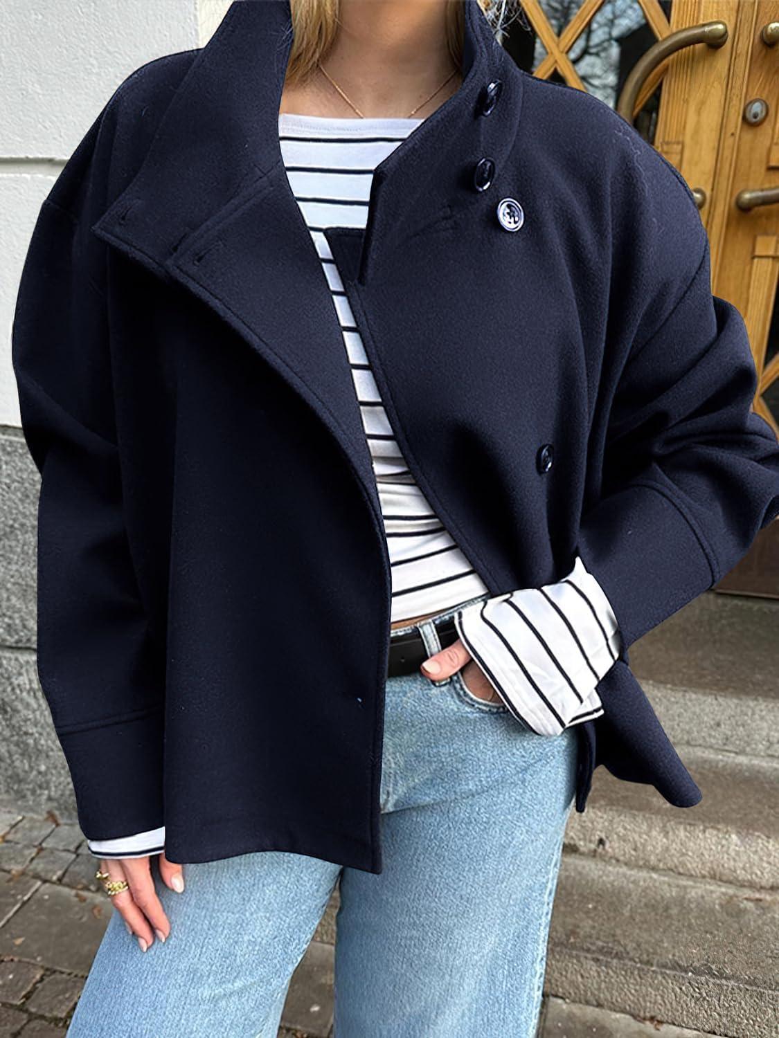 imagechouyatou Womens Winter Stand Collar Crop Wool Coat Single Breasted Short Blazer Jacket Coat OuterwearNavy Blue