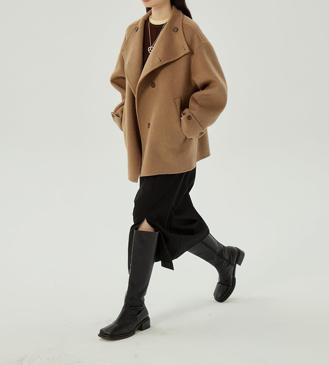 imagechouyatou Womens Winter Stand Collar Wool Trench Coat Single Breasted Blazer Jacket Coat Loose OuterwearBrown
