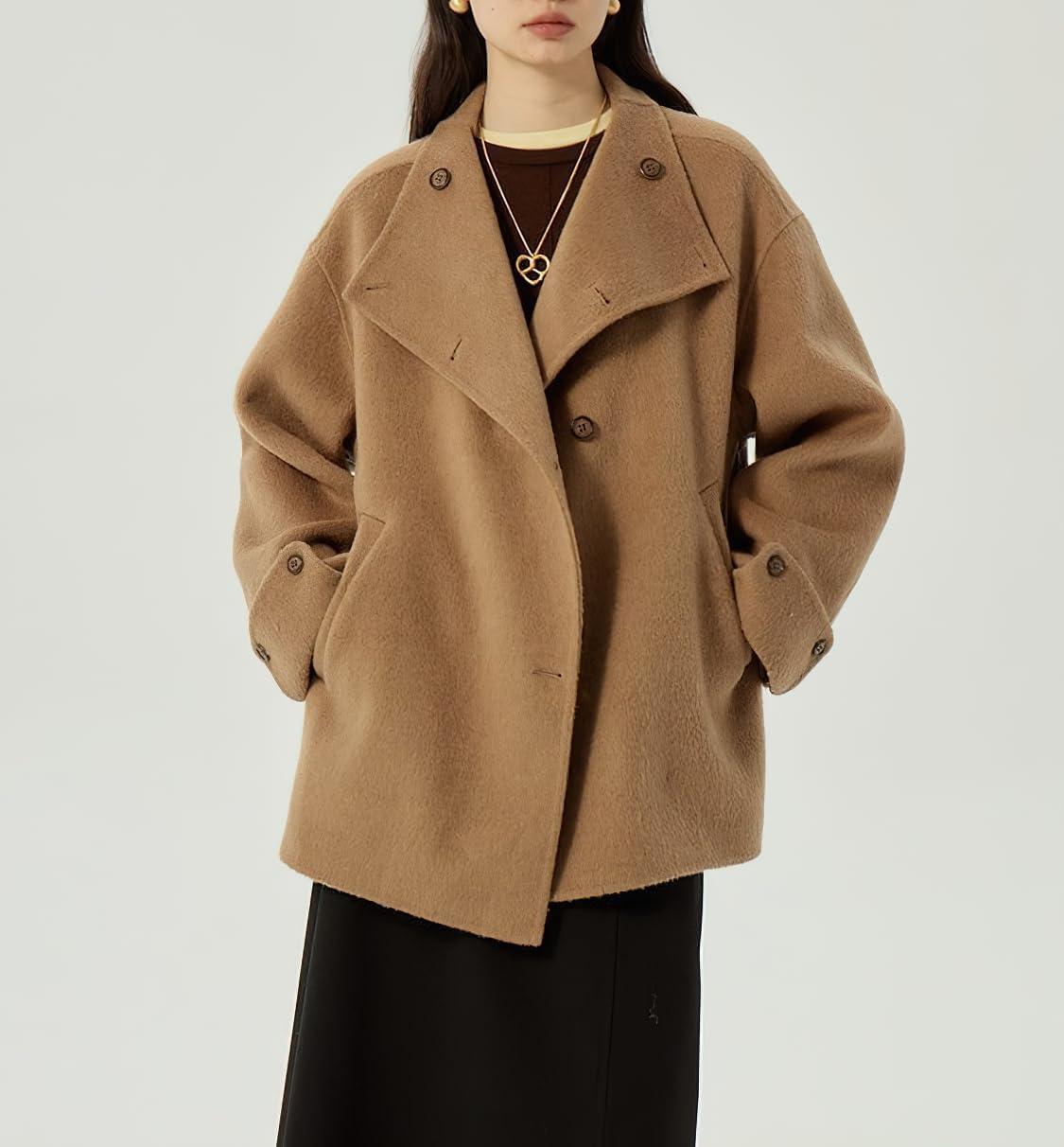 imagechouyatou Womens Winter Stand Collar Wool Trench Coat Single Breasted Blazer Jacket Coat Loose OuterwearBrown