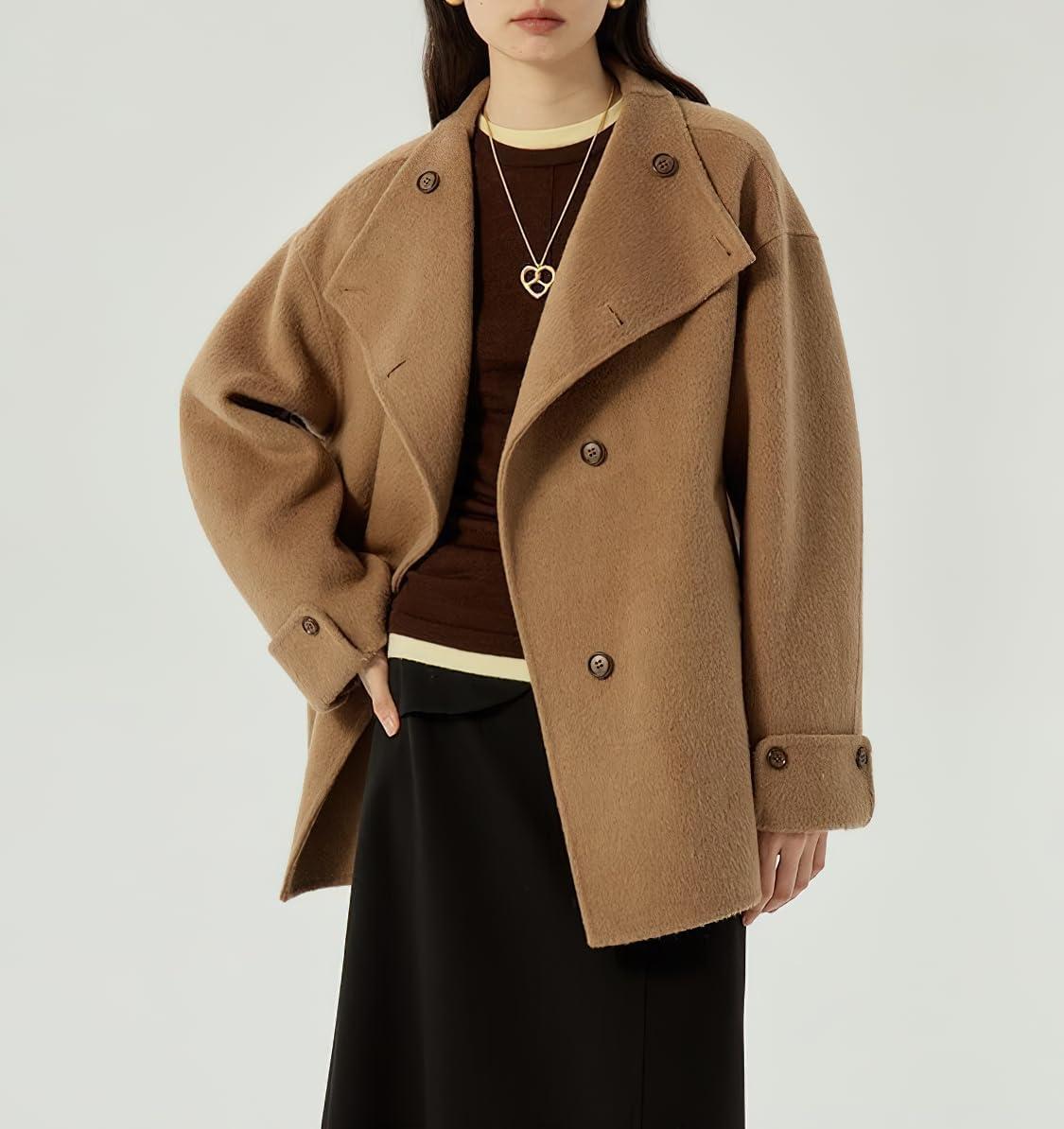 imagechouyatou Womens Winter Stand Collar Wool Trench Coat Single Breasted Blazer Jacket Coat Loose OuterwearBrown
