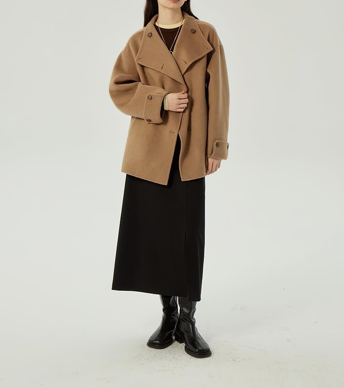 imagechouyatou Womens Winter Stand Collar Wool Trench Coat Single Breasted Blazer Jacket Coat Loose OuterwearBrown