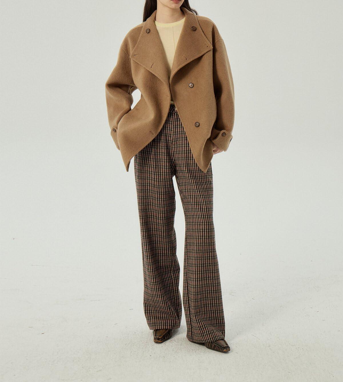 imagechouyatou Womens Winter Stand Collar Wool Trench Coat Single Breasted Blazer Jacket Coat Loose OuterwearBrown