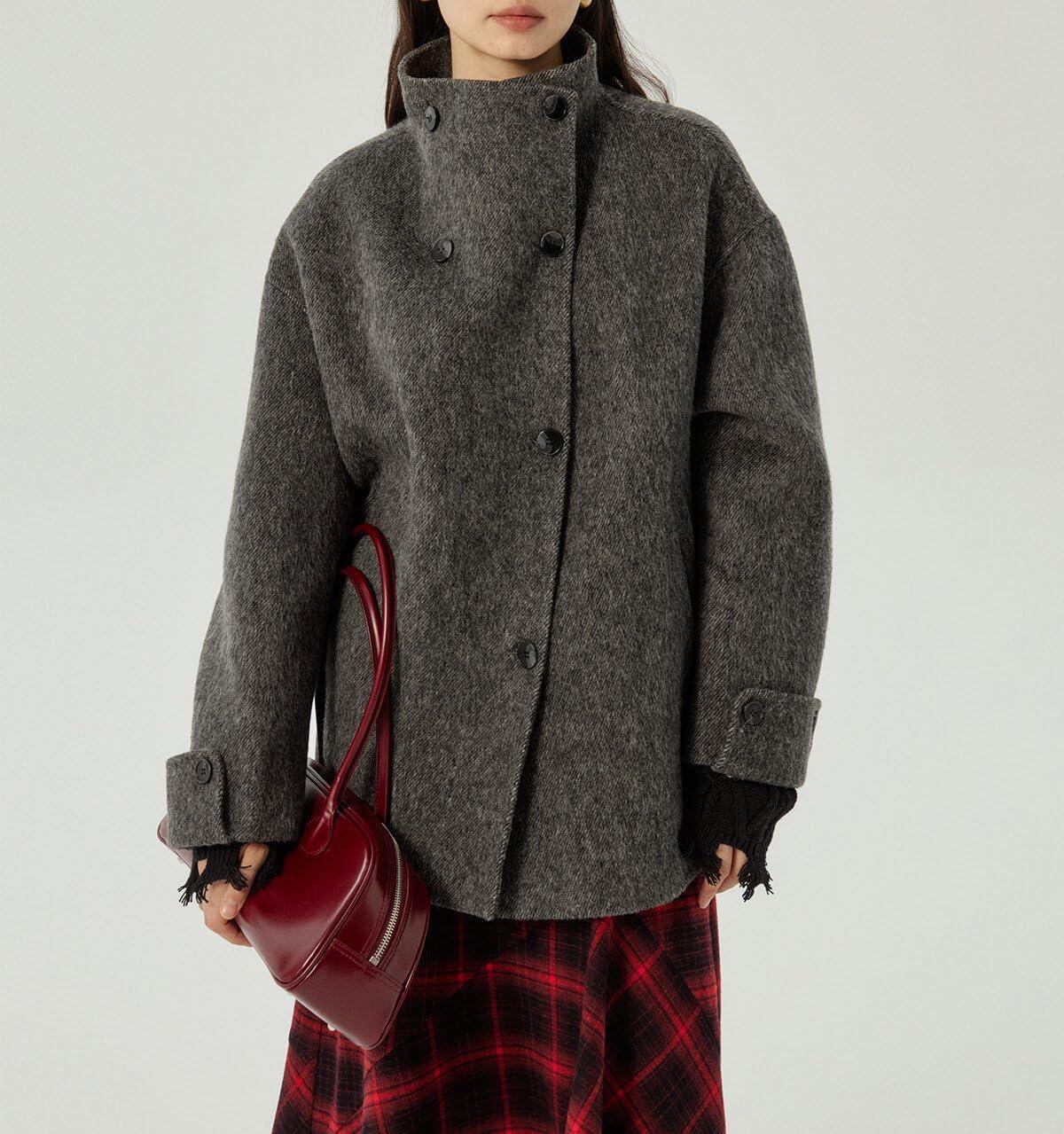 imagechouyatou Womens Winter Stand Collar Wool Trench Coat Single Breasted Blazer Jacket Coat Loose OuterwearGrey