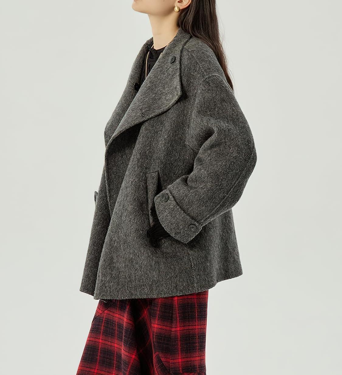 imagechouyatou Womens Winter Stand Collar Wool Trench Coat Single Breasted Blazer Jacket Coat Loose OuterwearGrey