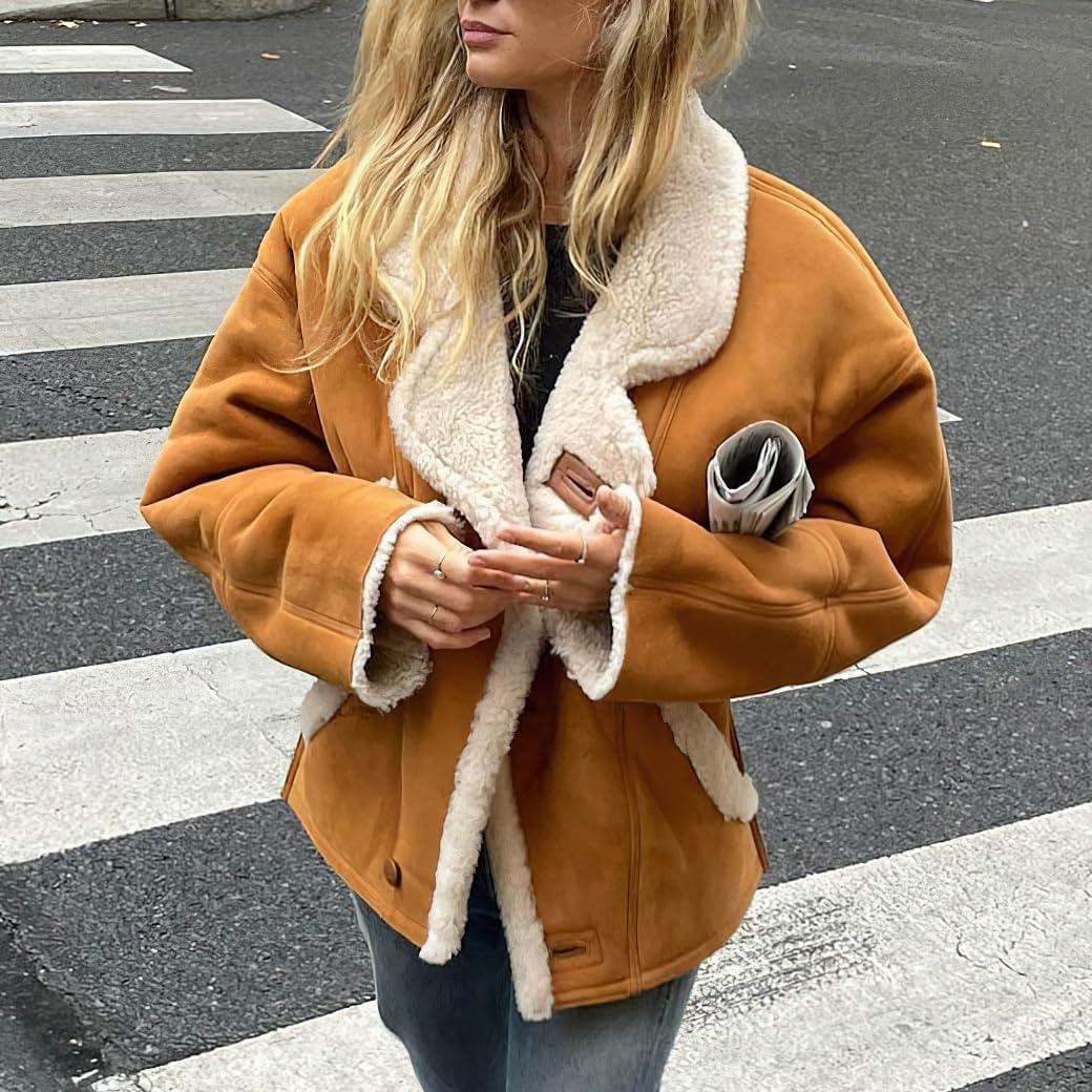 imagechouyatou Womens Winter Thicken Faux Suede Leather Jacket Coat Notch Lapel Sherpa Lined Fleece OuterwearBrown