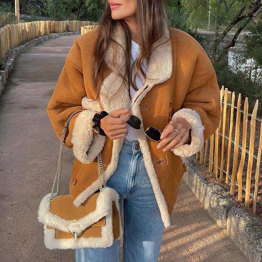 imagechouyatou Womens Winter Thicken Faux Suede Leather Jacket Coat Notch Lapel Sherpa Lined Fleece OuterwearBrown