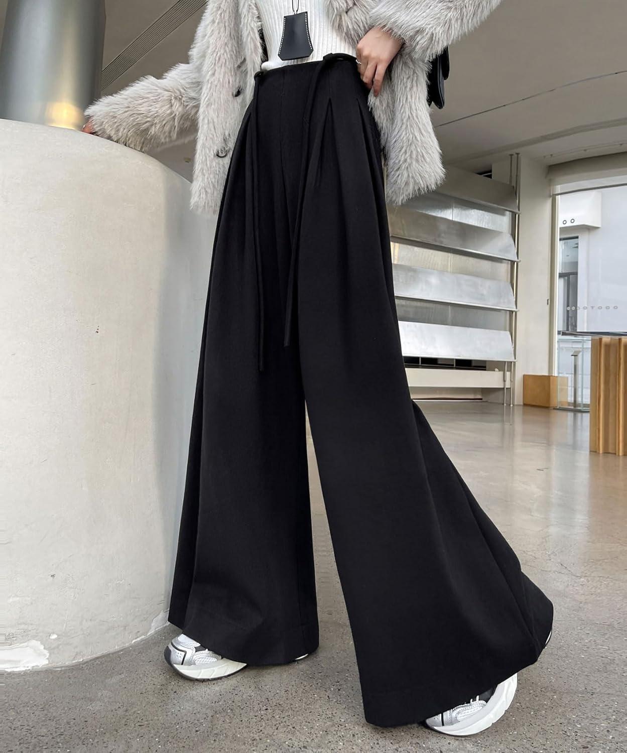 imagechouyatou Womens Winter Wool Wide Leg Palazzo Pants High Waisted Wool Blend Baggy Trousers CulottesBlack