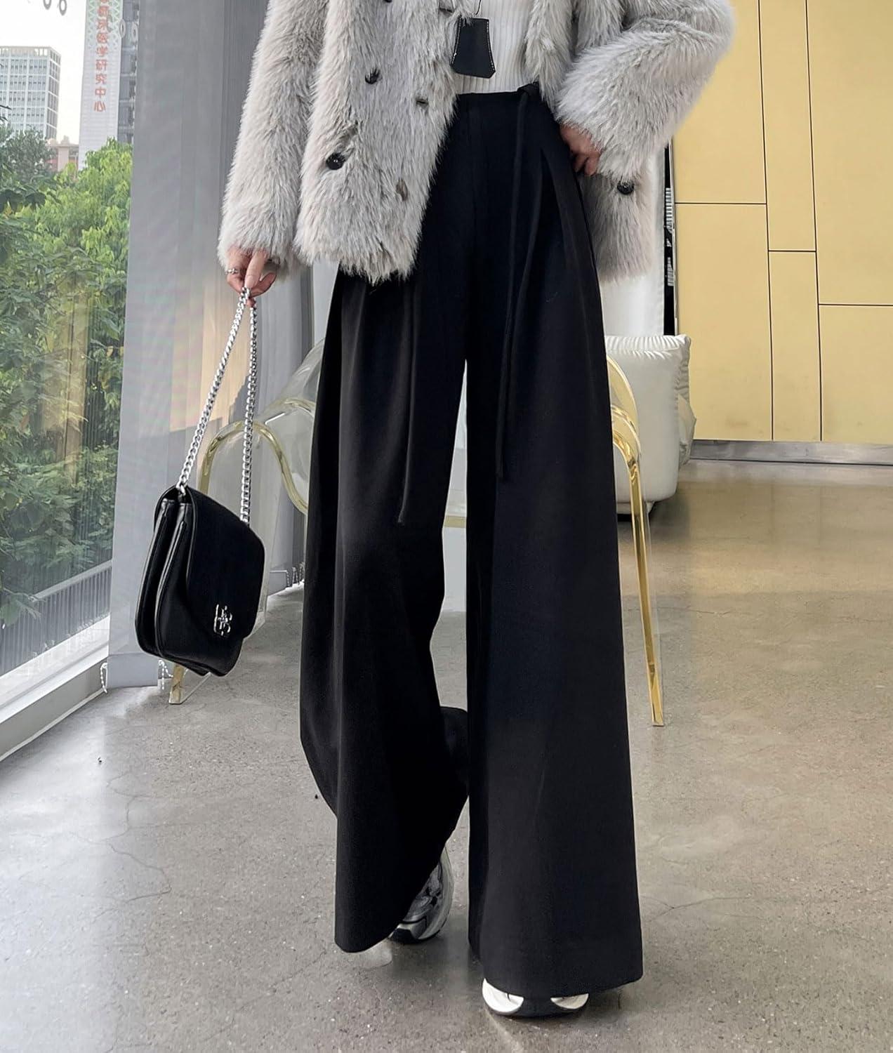 imagechouyatou Womens Winter Wool Wide Leg Palazzo Pants High Waisted Wool Blend Baggy Trousers CulottesBlack