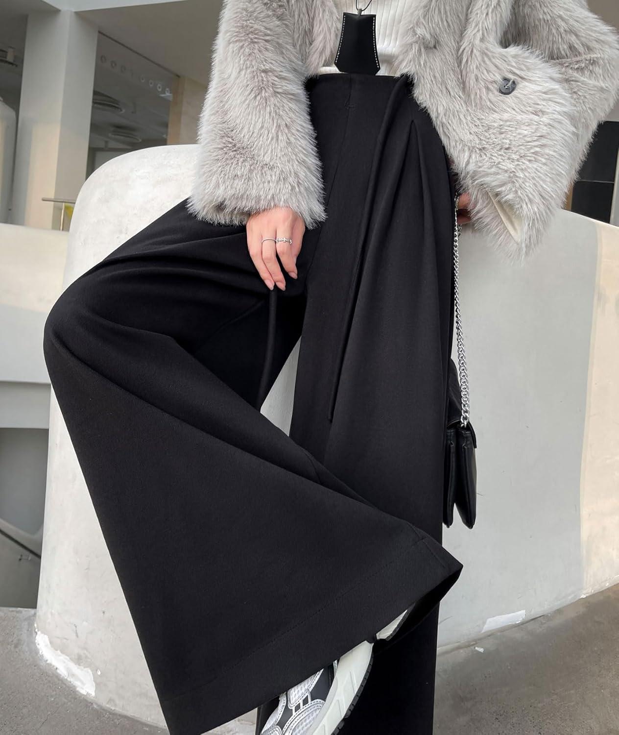 imagechouyatou Womens Winter Wool Wide Leg Palazzo Pants High Waisted Wool Blend Baggy Trousers CulottesBlack