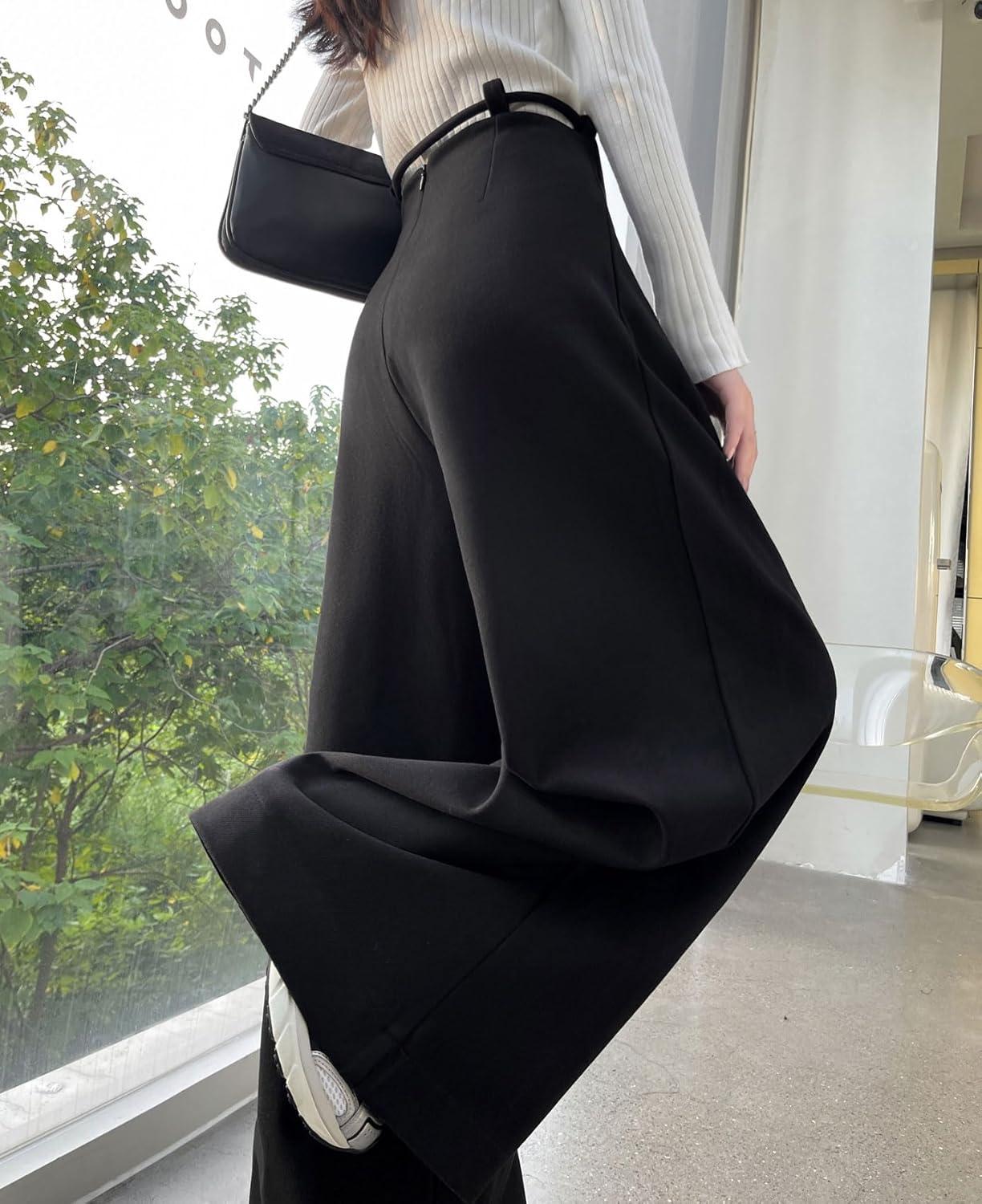 imagechouyatou Womens Winter Wool Wide Leg Palazzo Pants High Waisted Wool Blend Baggy Trousers CulottesBlack