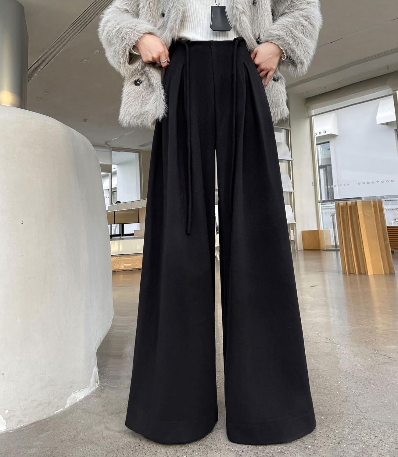 imagechouyatou Womens Winter Wool Wide Leg Palazzo Pants High Waisted Wool Blend Baggy Trousers CulottesBlack