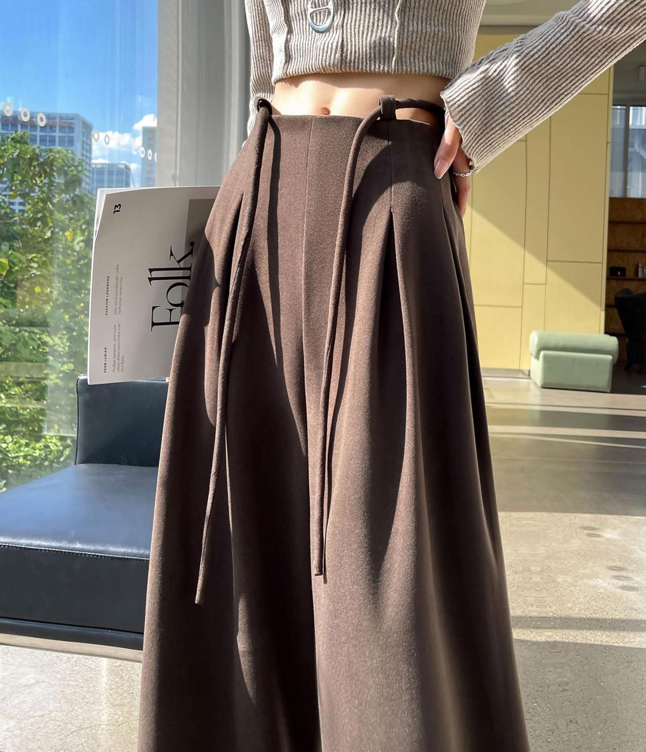 imagechouyatou Womens Winter Wool Wide Leg Palazzo Pants High Waisted Wool Blend Baggy Trousers CulottesCoffee