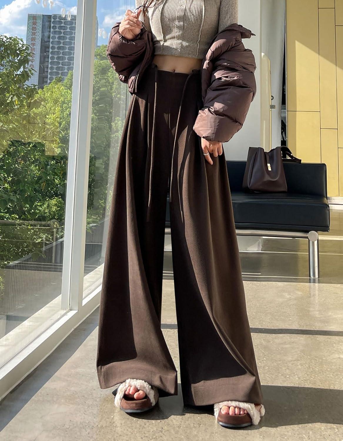 imagechouyatou Womens Winter Wool Wide Leg Palazzo Pants High Waisted Wool Blend Baggy Trousers CulottesCoffee