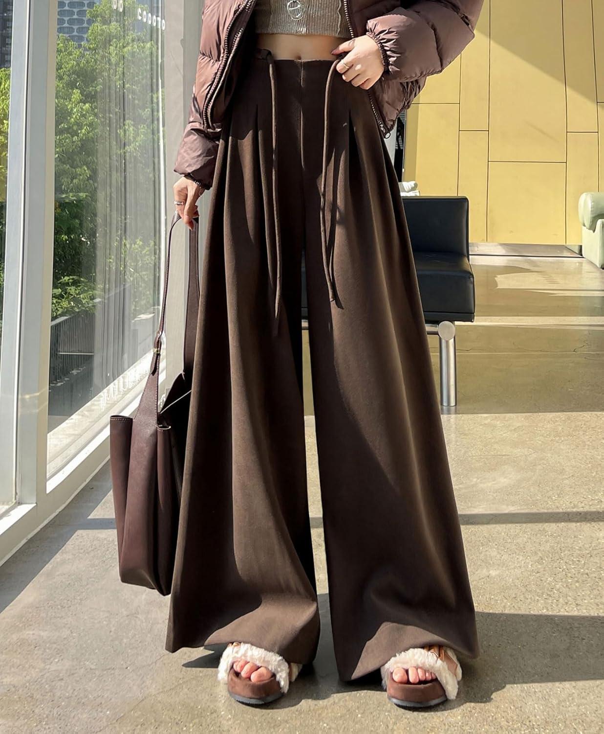 imagechouyatou Womens Winter Wool Wide Leg Palazzo Pants High Waisted Wool Blend Baggy Trousers CulottesCoffee