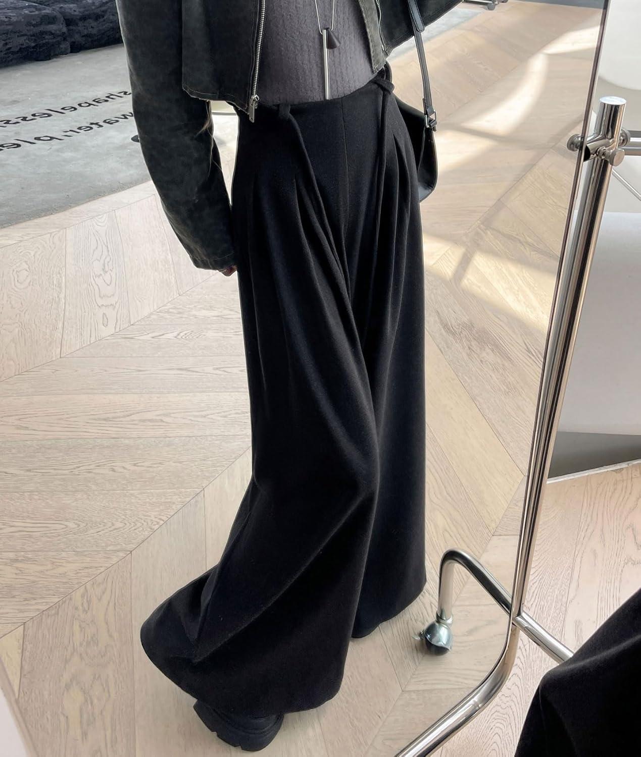 imagechouyatou Womens Winter Wool Wide Leg Palazzo Pants High Waisted Wool Blend Baggy Trousers CulottesDark Gray