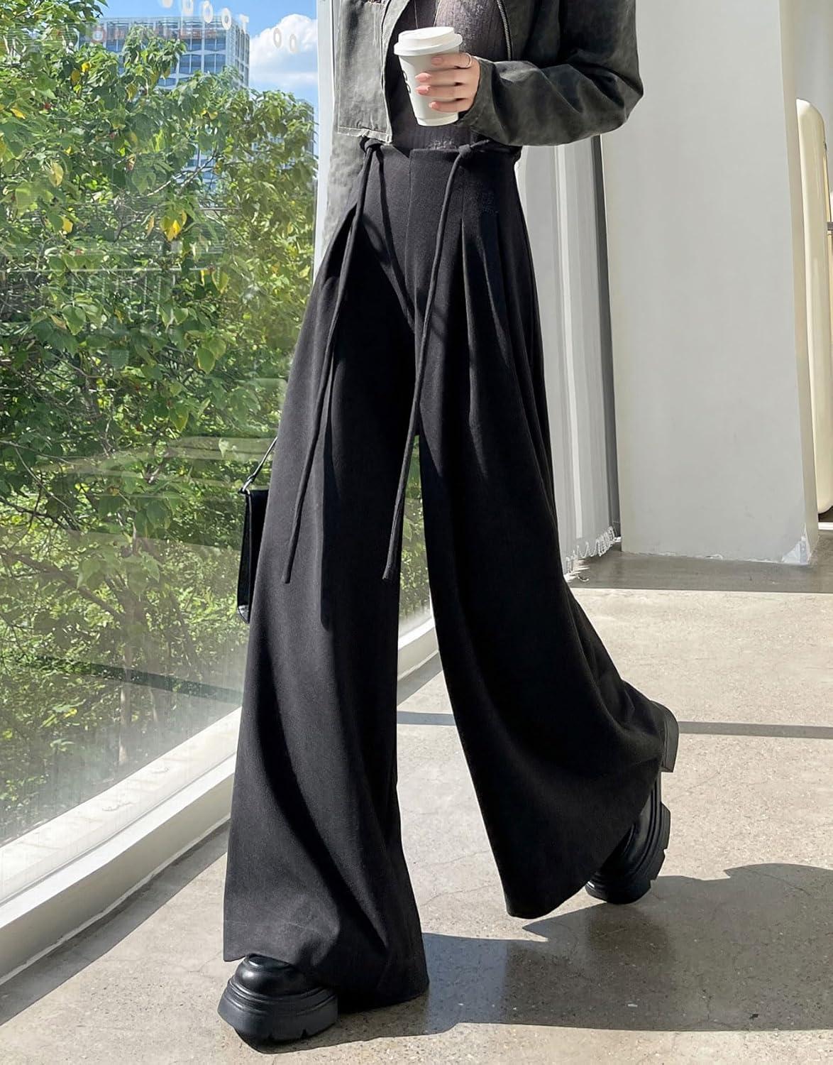 imagechouyatou Womens Winter Wool Wide Leg Palazzo Pants High Waisted Wool Blend Baggy Trousers CulottesDark Gray