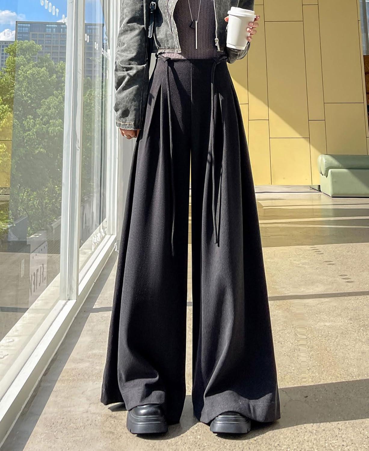 imagechouyatou Womens Winter Wool Wide Leg Palazzo Pants High Waisted Wool Blend Baggy Trousers CulottesDark Gray