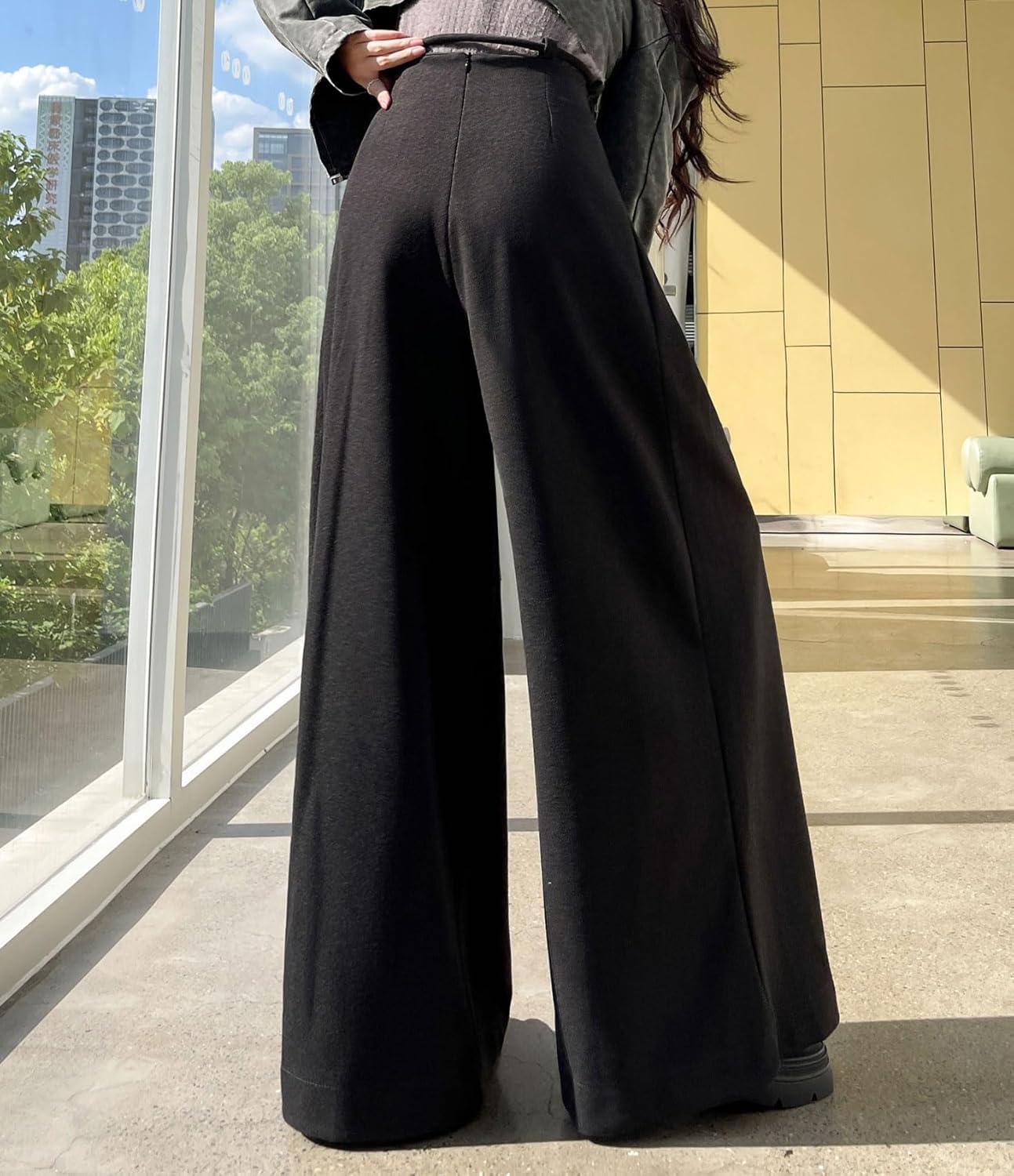 imagechouyatou Womens Winter Wool Wide Leg Palazzo Pants High Waisted Wool Blend Baggy Trousers CulottesDark Gray