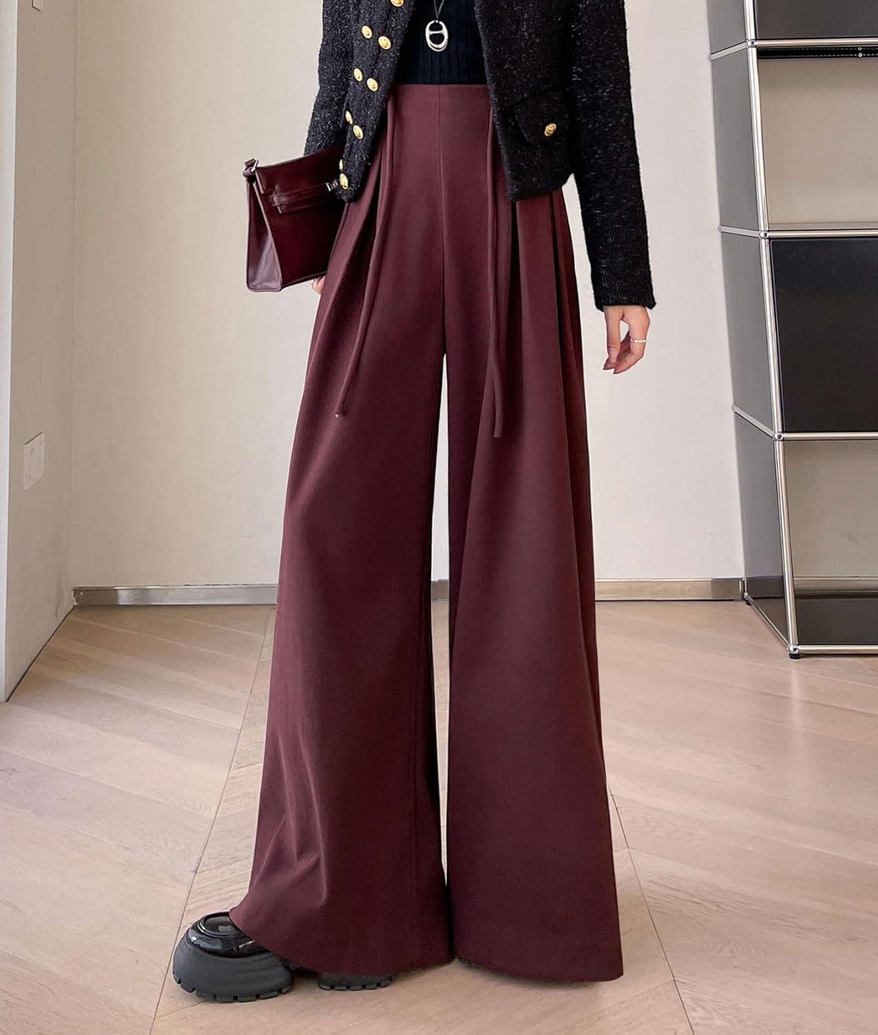 imagechouyatou Womens Winter Wool Wide Leg Palazzo Pants High Waisted Wool Blend Baggy Trousers CulottesDark Red