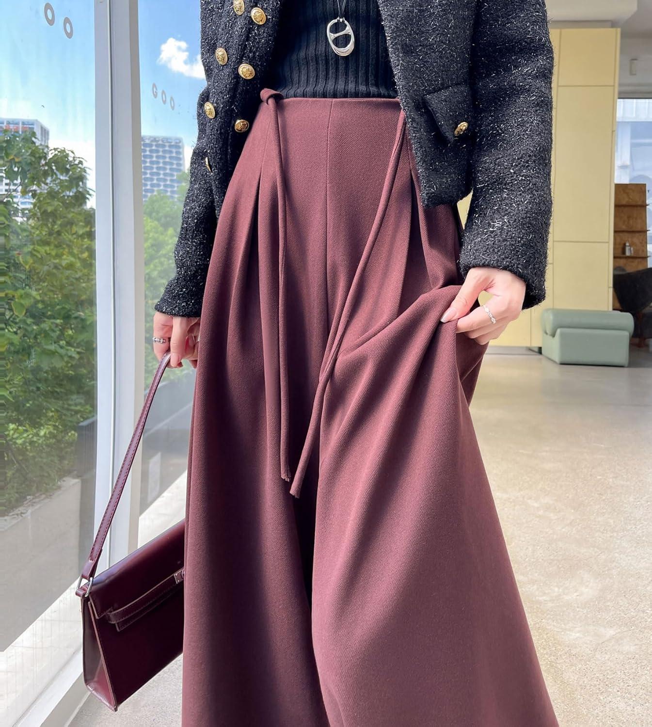 imagechouyatou Womens Winter Wool Wide Leg Palazzo Pants High Waisted Wool Blend Baggy Trousers CulottesDark Red