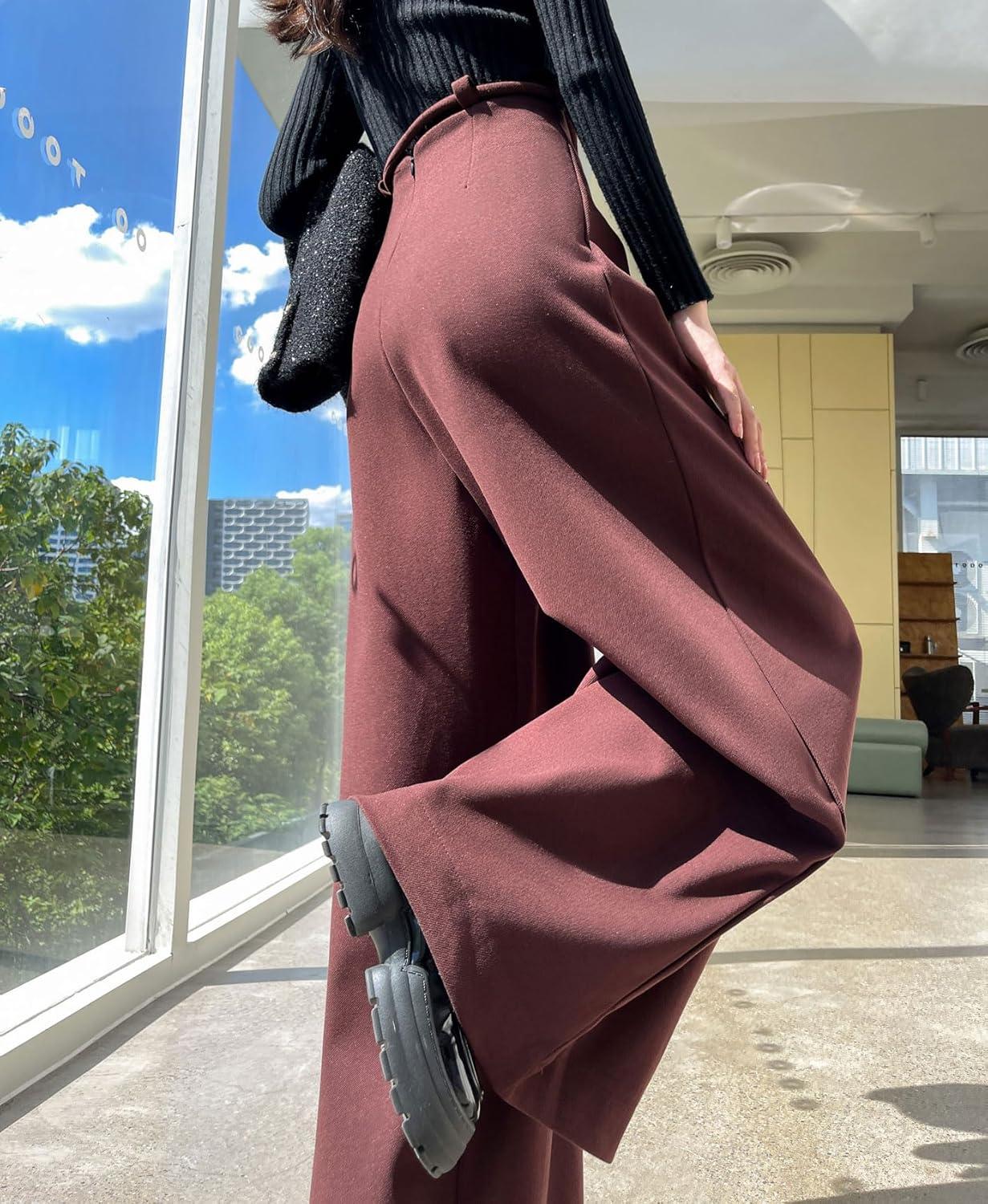 imagechouyatou Womens Winter Wool Wide Leg Palazzo Pants High Waisted Wool Blend Baggy Trousers CulottesDark Red