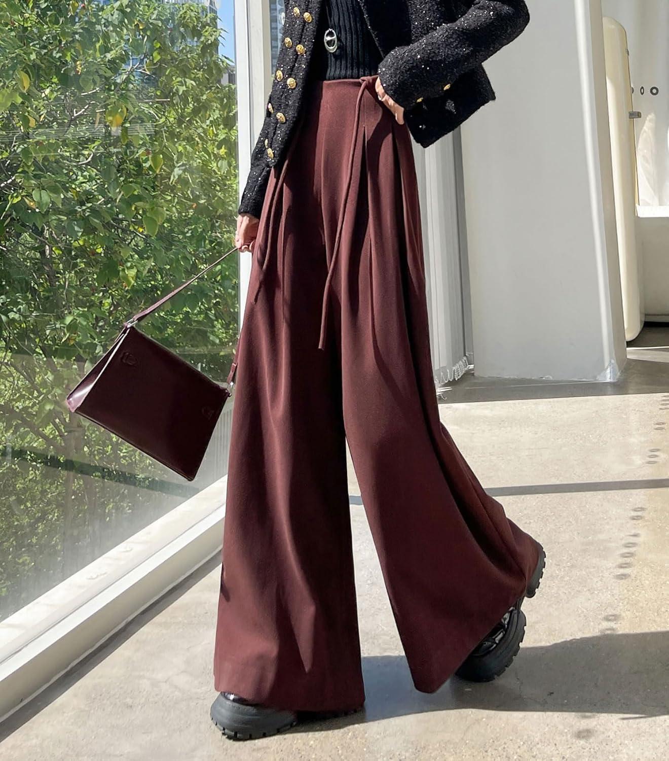 imagechouyatou Womens Winter Wool Wide Leg Palazzo Pants High Waisted Wool Blend Baggy Trousers CulottesDark Red