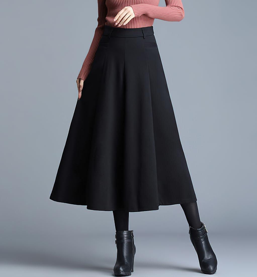 imagechouyatou Womens Wool Blend Culottes Capri Cropped Pants Pleated High Waist Wide Leg Palazzo TrousersBlack