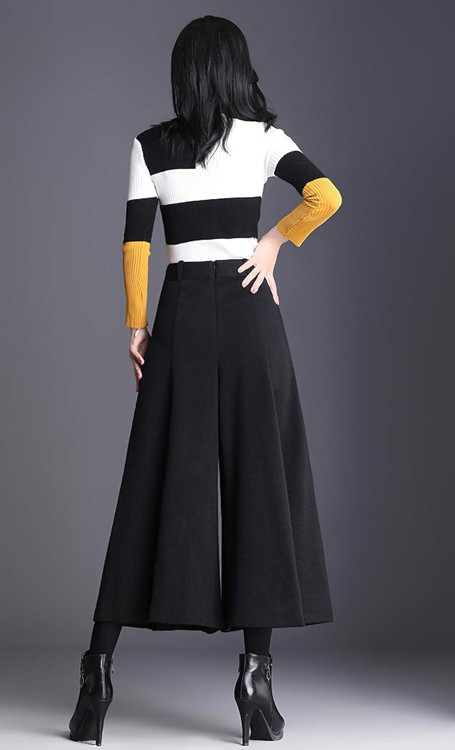 imagechouyatou Womens Wool Blend Culottes Capri Cropped Pants Pleated High Waist Wide Leg Palazzo TrousersBlack